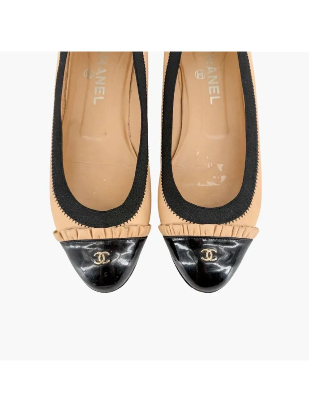 Chanel CC Cap Toe Ballet Flats Beige Black Leather Ruffle Size 39.5 US 8.5-9